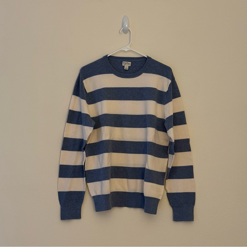 J. Crew Men's Blue and Cream Striped Crewneck Sweater